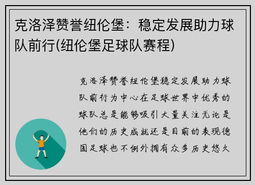 克洛泽赞誉纽伦堡：稳定发展助力球队前行(纽伦堡足球队赛程)