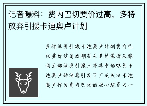 记者曝料：费内巴切要价过高，多特放弃引援卡迪奥卢计划