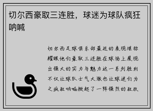 切尔西豪取三连胜，球迷为球队疯狂呐喊