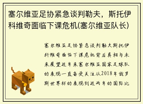塞尔维亚足协紧急谈判勒夫，斯托伊科维奇面临下课危机(塞尔维亚队长)