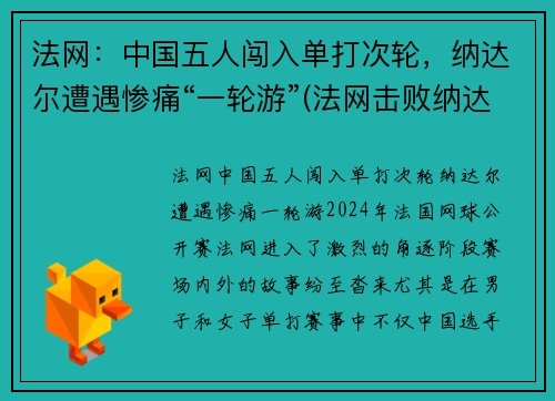 法网：中国五人闯入单打次轮，纳达尔遭遇惨痛“一轮游”(法网击败纳达尔夺冠)