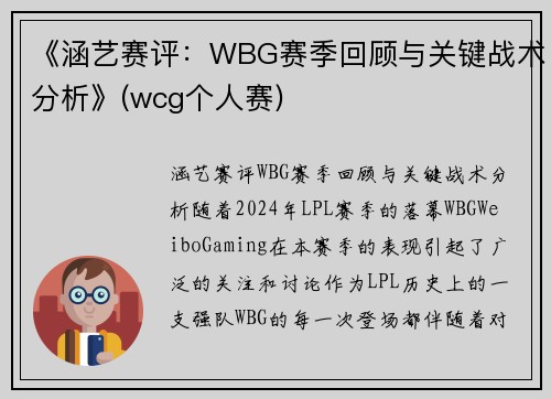 《涵艺赛评：WBG赛季回顾与关键战术分析》(wcg个人赛)